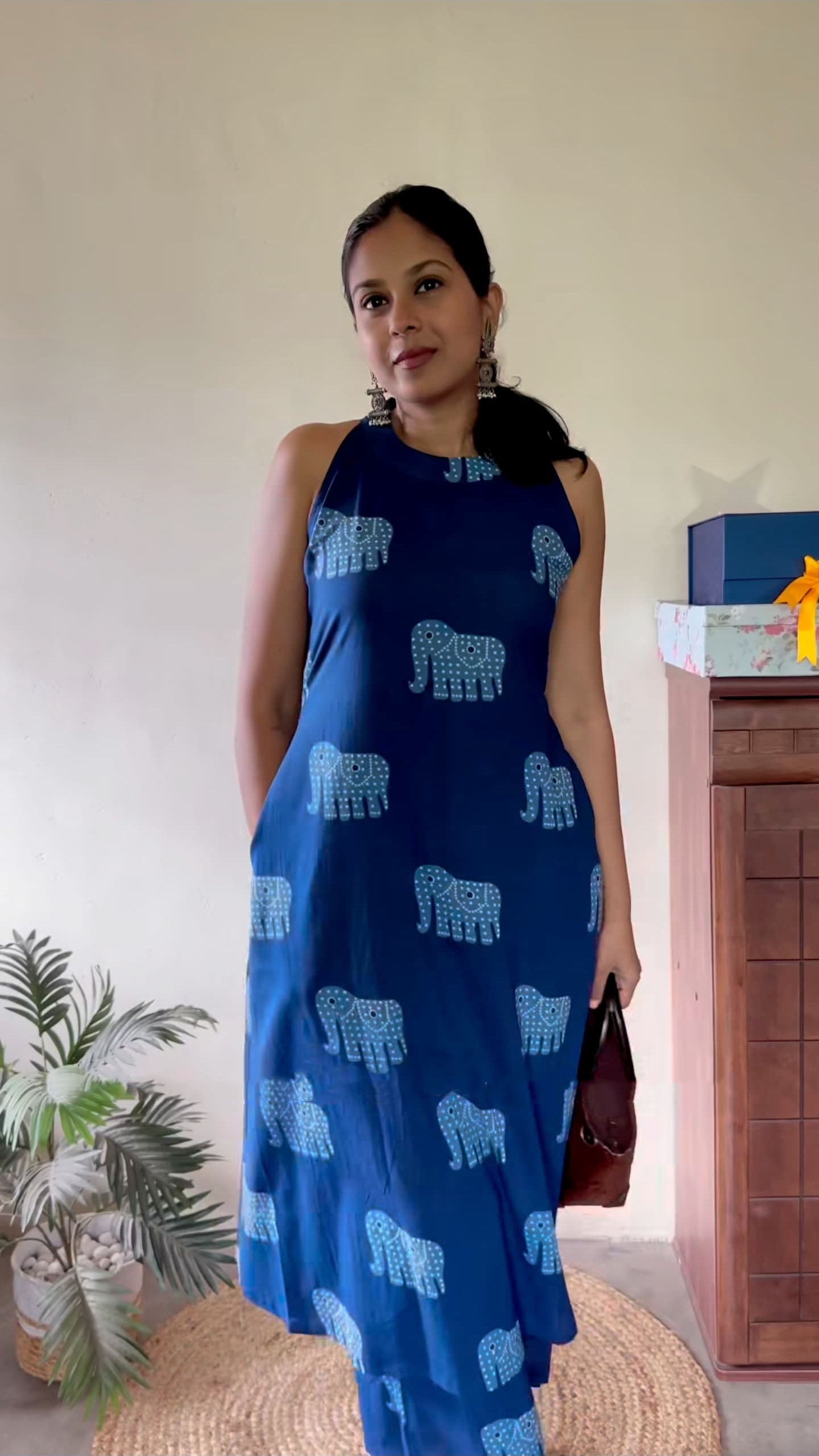 Indigo Motif Print A-Line Kurta Set for Women