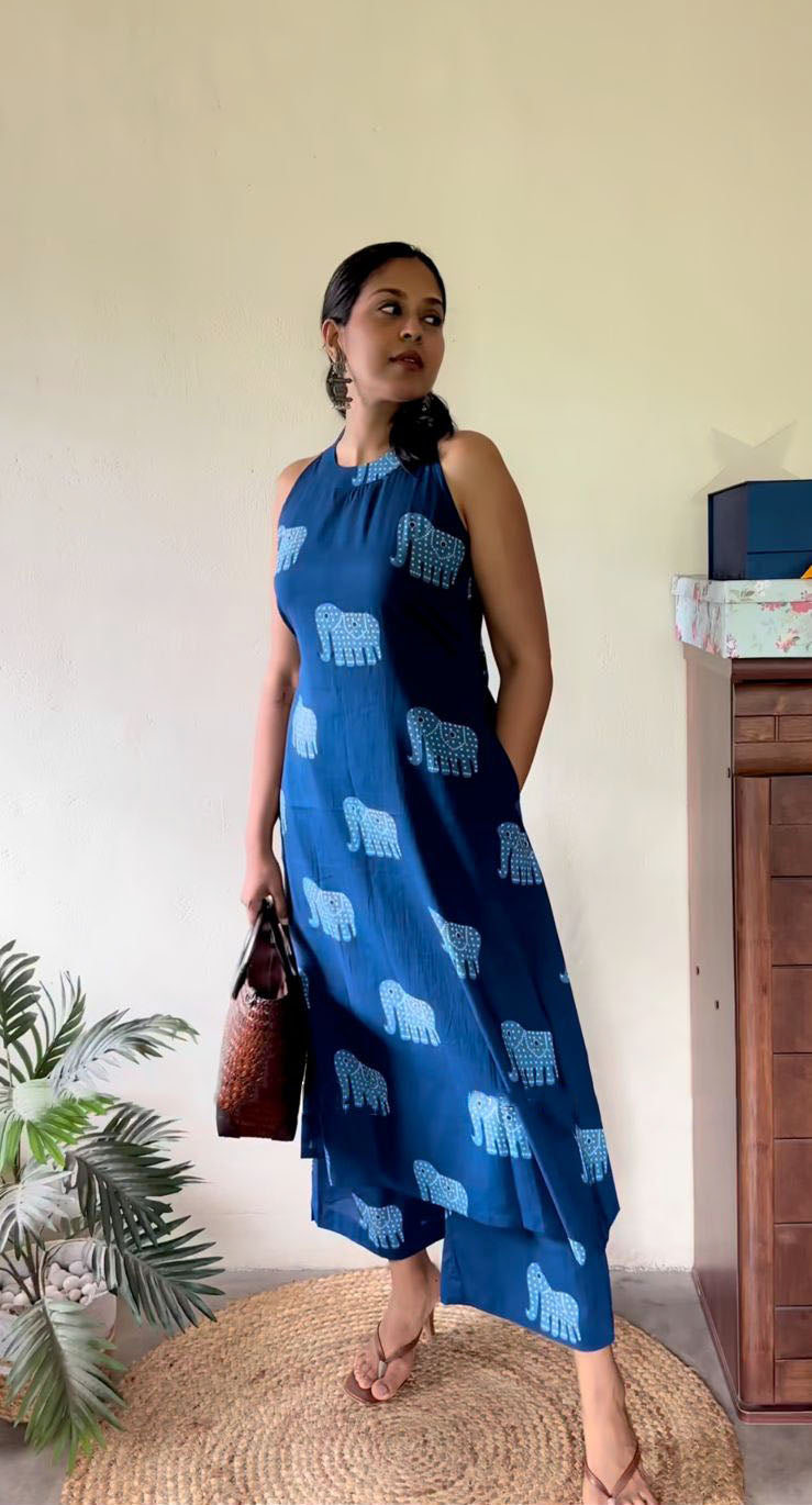 Indigo Motif Print A-Line Kurta Set for Women