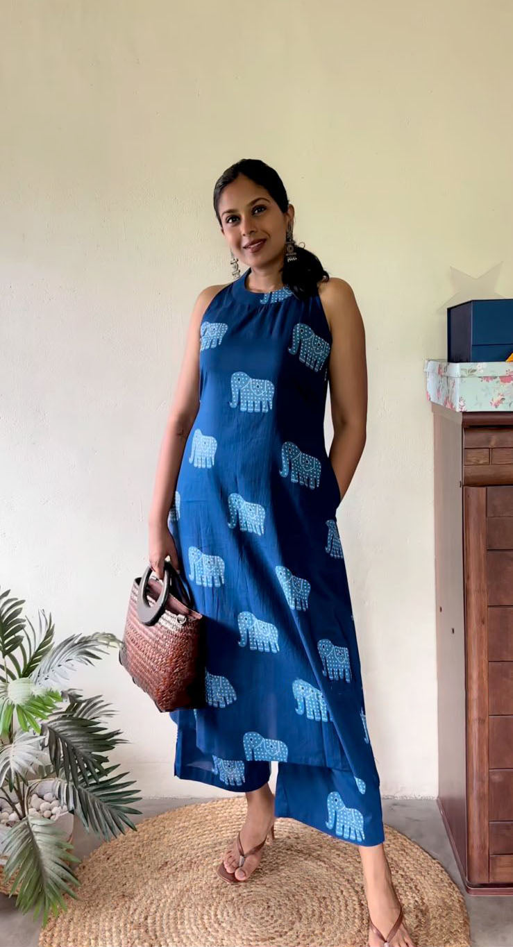 Indigo Motif Print A-Line Kurta Set for Women