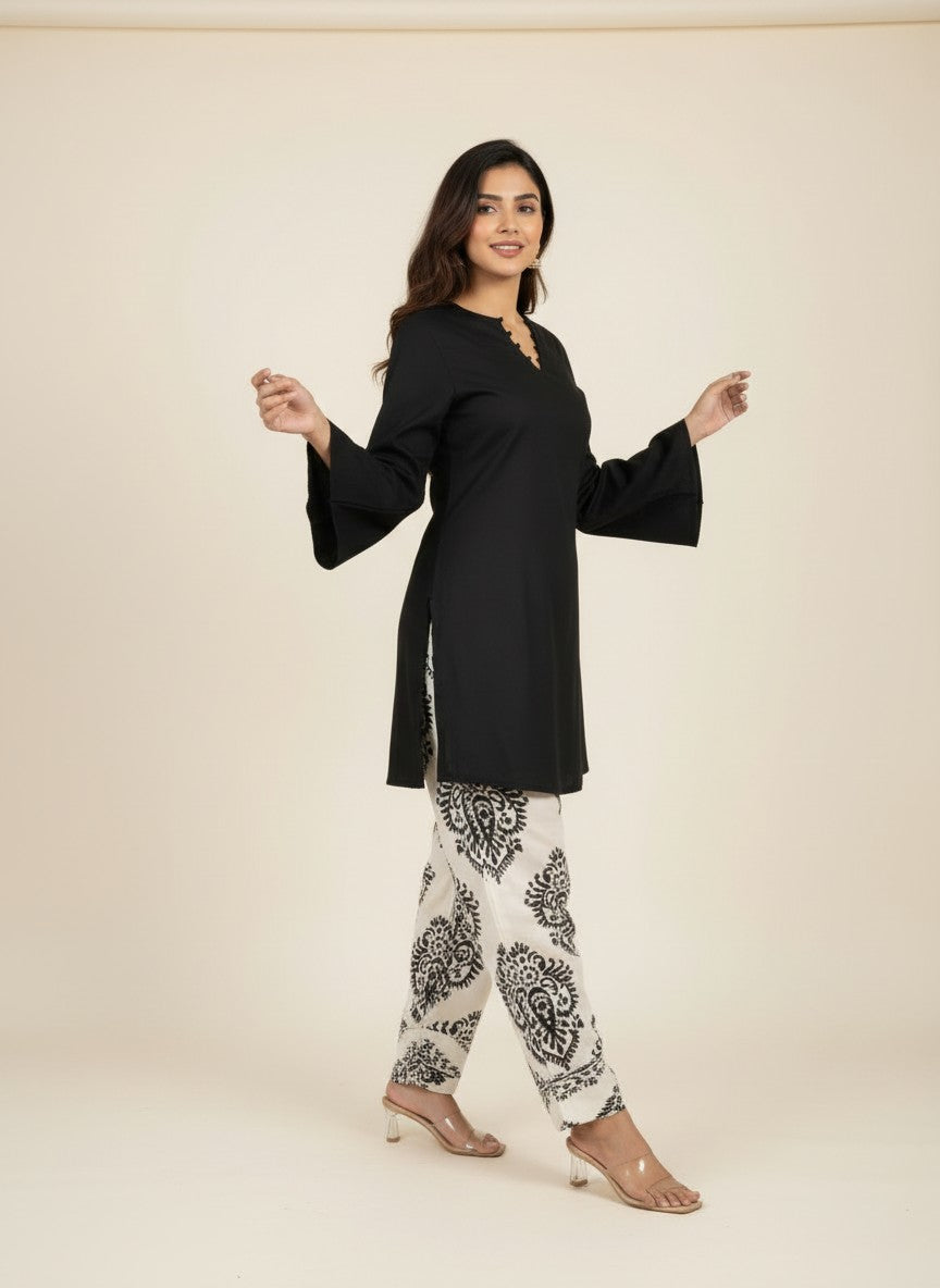 Elisha Black Short Kurta and Printed Farshi Salwar Set