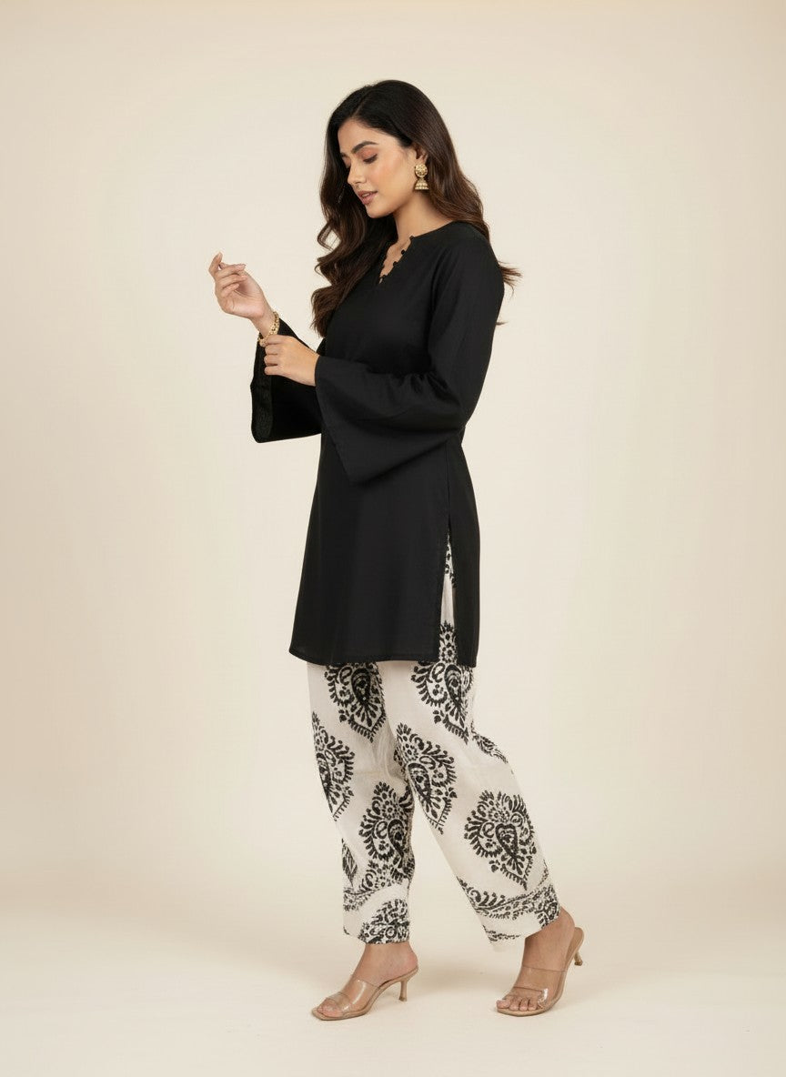Elisha Black Short Kurta and Printed Farshi Salwar Set