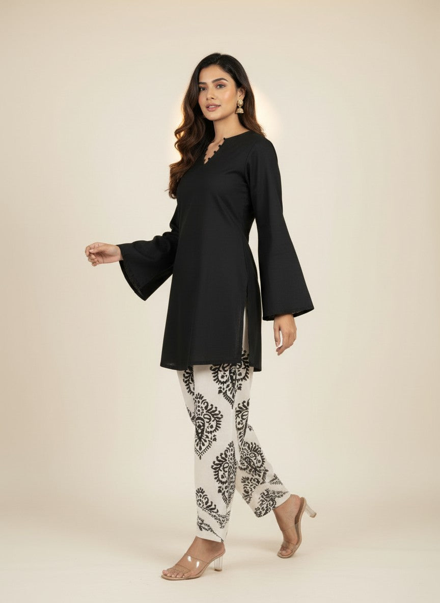 Elisha Black Short Kurta and Printed Farshi Salwar Set