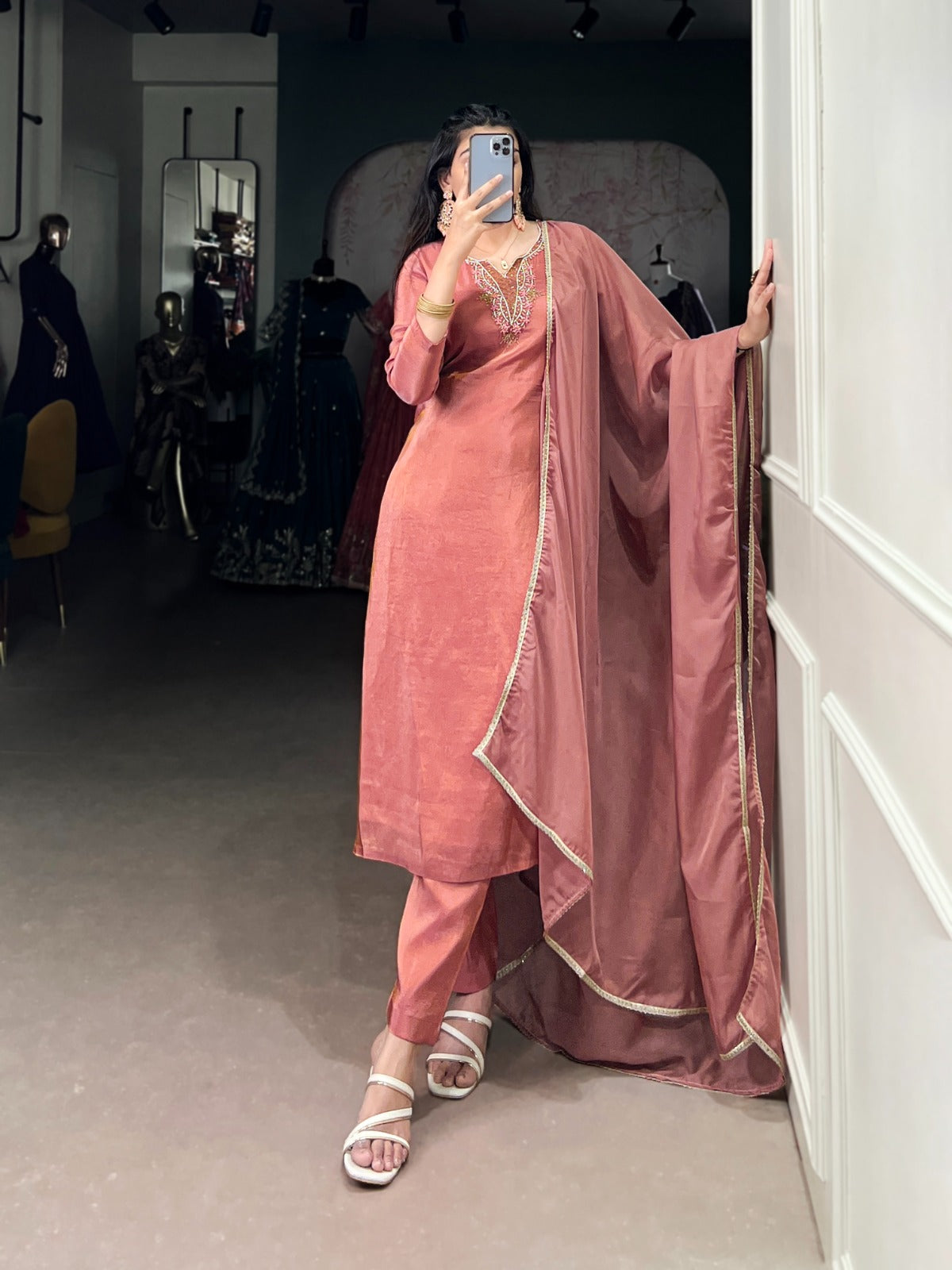 Kanthakala Crepe Silk Tissue Handwork Kurta Set with Organza Dupatta