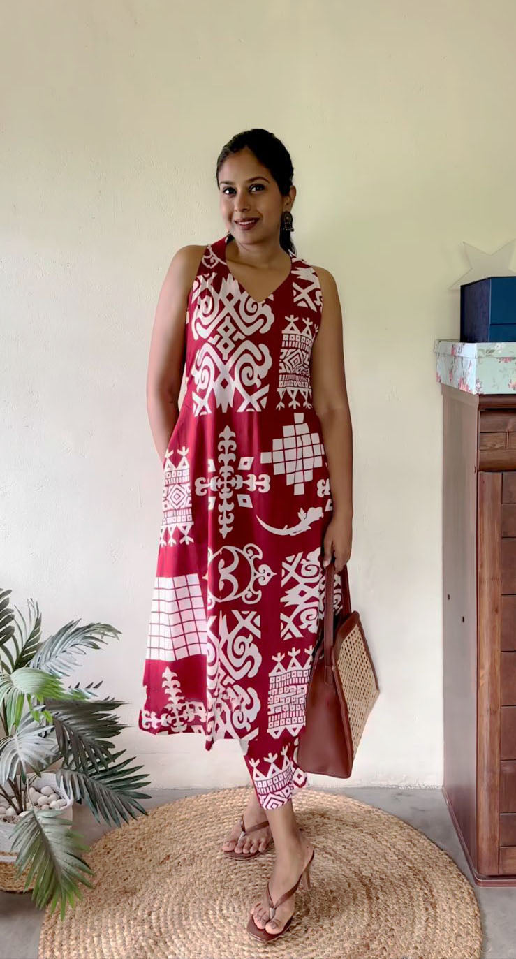 Indigo Motif Print A-Line Kurta Set for Women