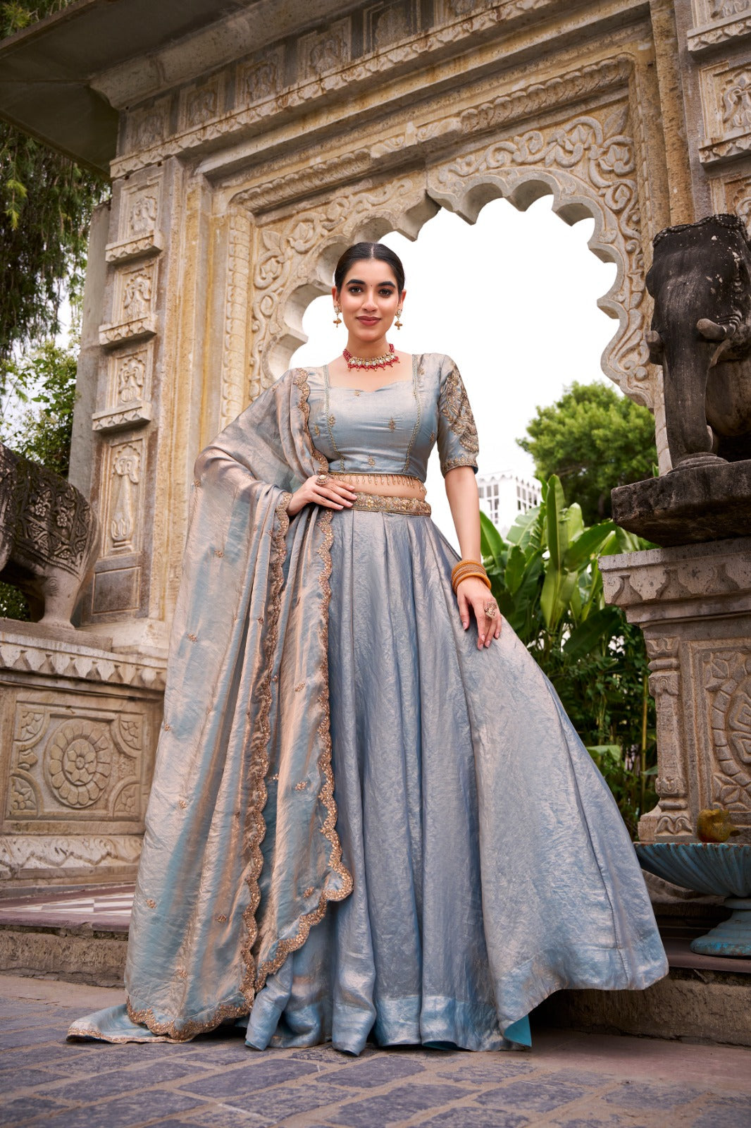 Kanthakala Dreamy Pastel Fendi Lehenga Choli Set with Gold Lace and Dupatta