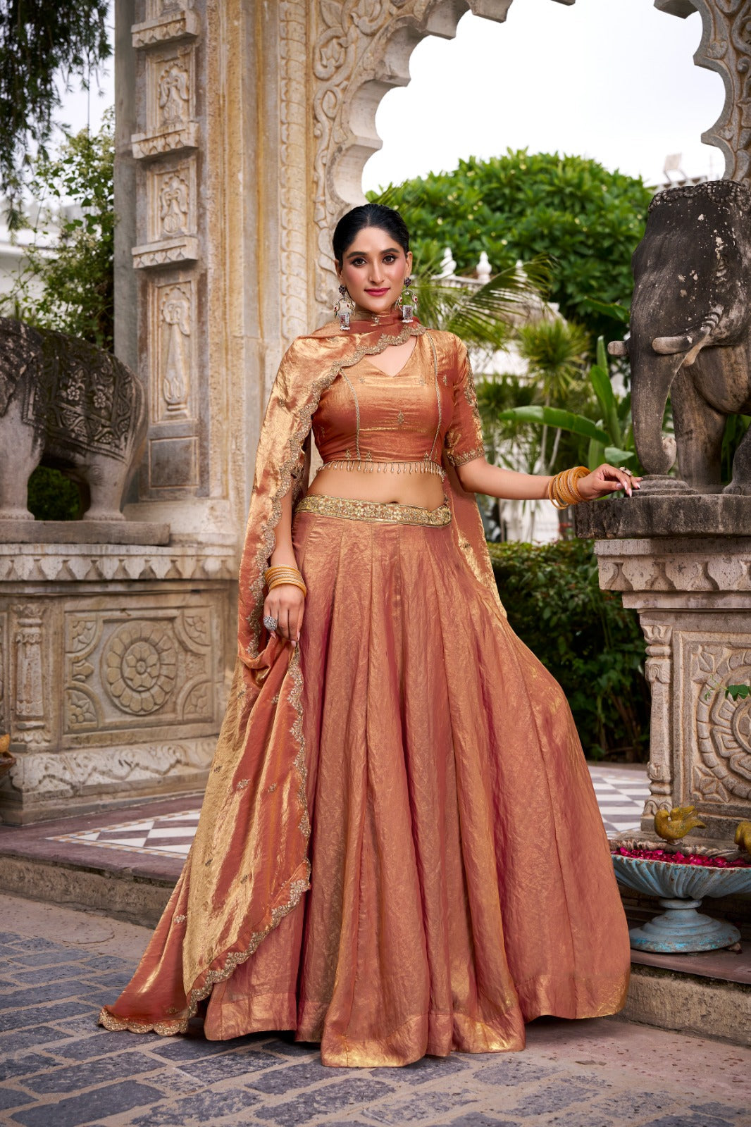 Kanthakala Dreamy Pastel Fendi Lehenga Choli Set with Gold Lace and Dupatta