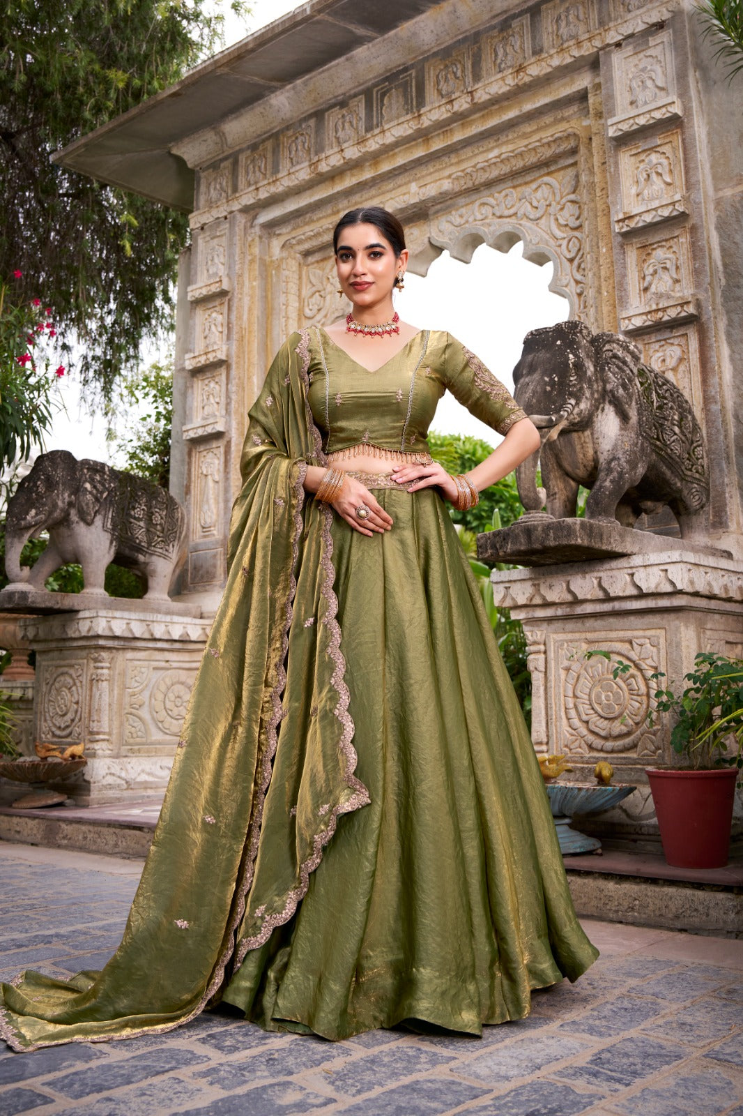 Kanthakala Dreamy Pastel Fendi Lehenga Choli Set with Gold Lace and Dupatta
