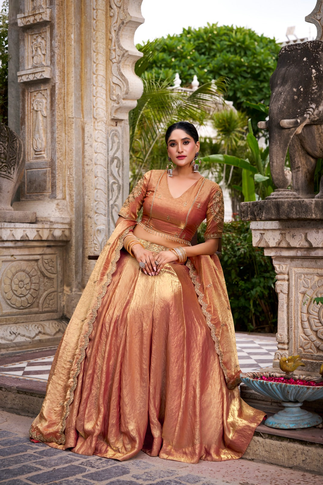 Kanthakala Dreamy Pastel Fendi Lehenga Choli Set with Gold Lace and Dupatta