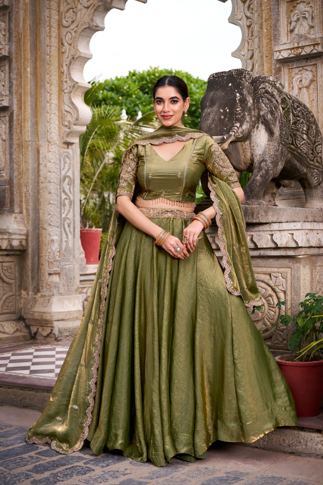 Kanthakala Dreamy Pastel Fendi Lehenga Choli Set with Gold Lace and Dupatta