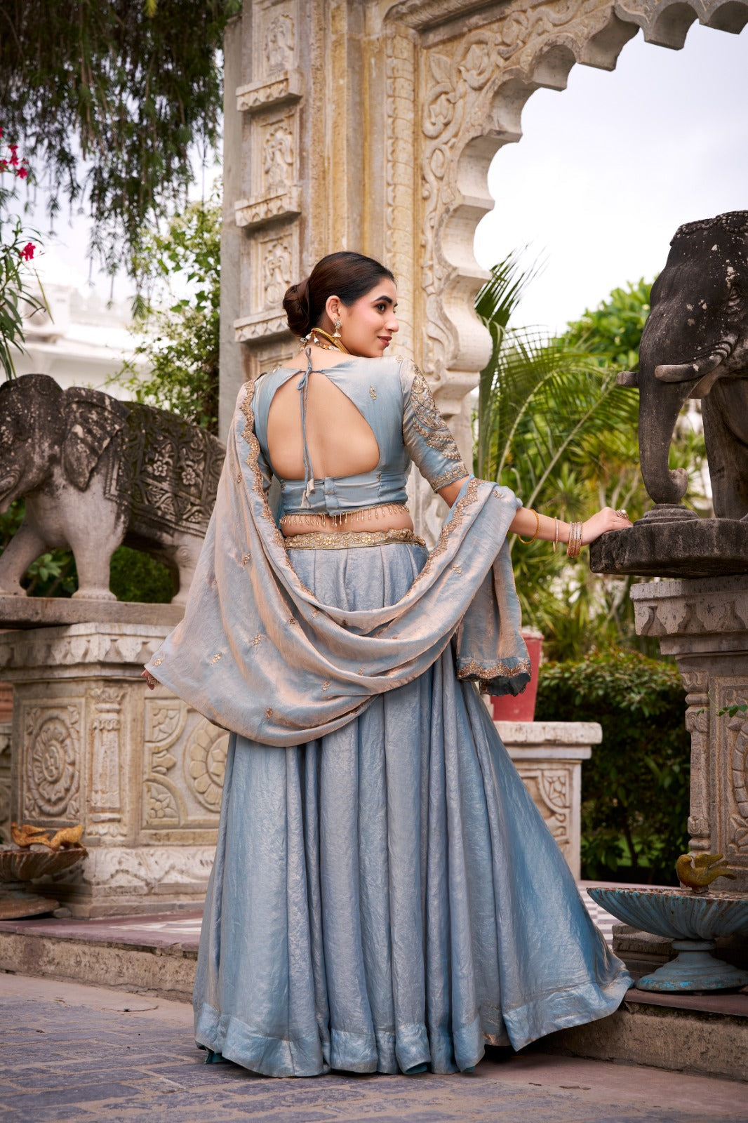 Kanthakala Dreamy Pastel Fendi Lehenga Choli Set with Gold Lace and Dupatta