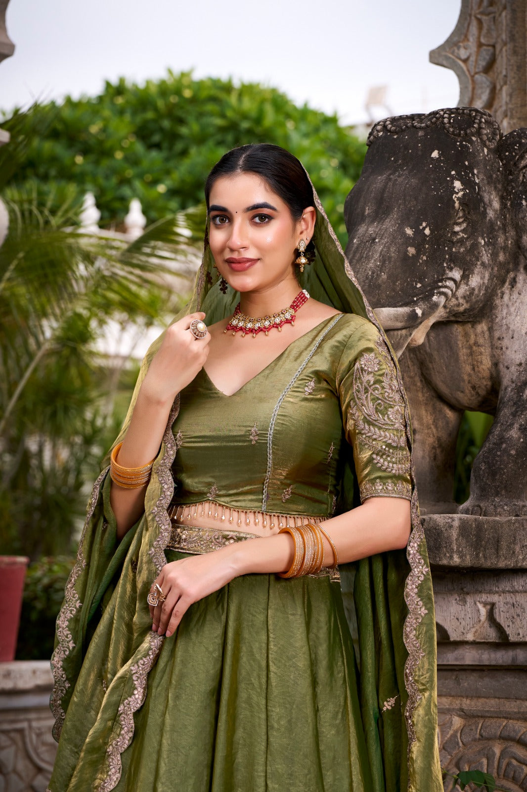 Kanthakala Dreamy Pastel Fendi Lehenga Choli Set with Gold Lace and Dupatta