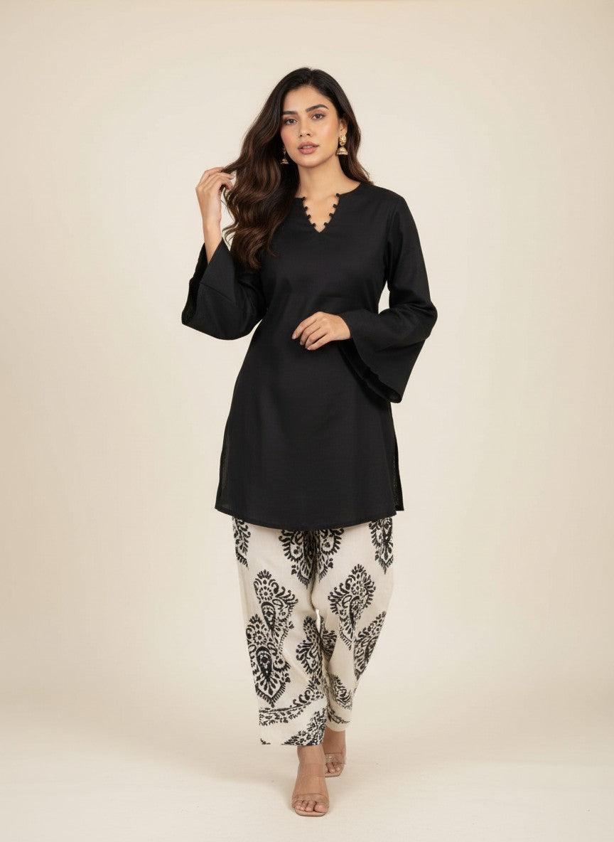 Elisha Black Short Kurta and Printed Farshi Salwar Set