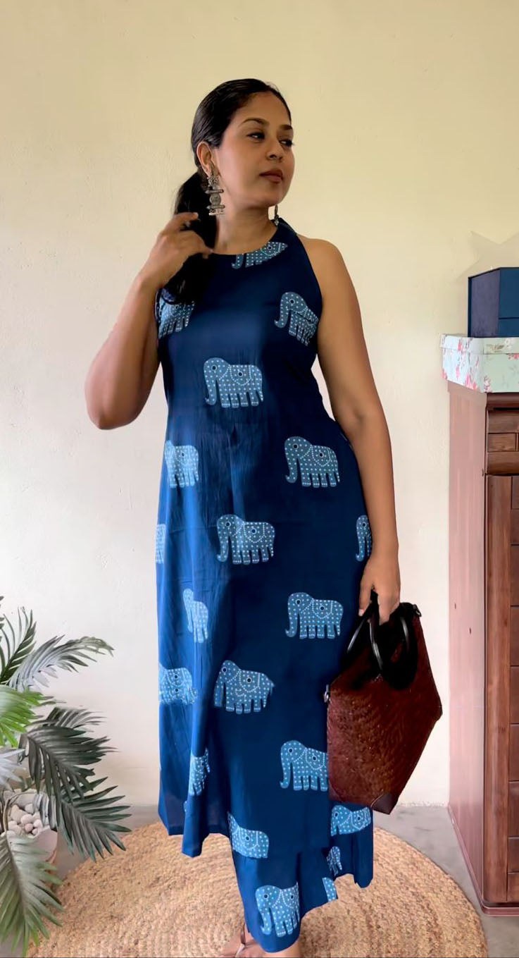Indigo Motif Print A-Line Kurta Set for Women