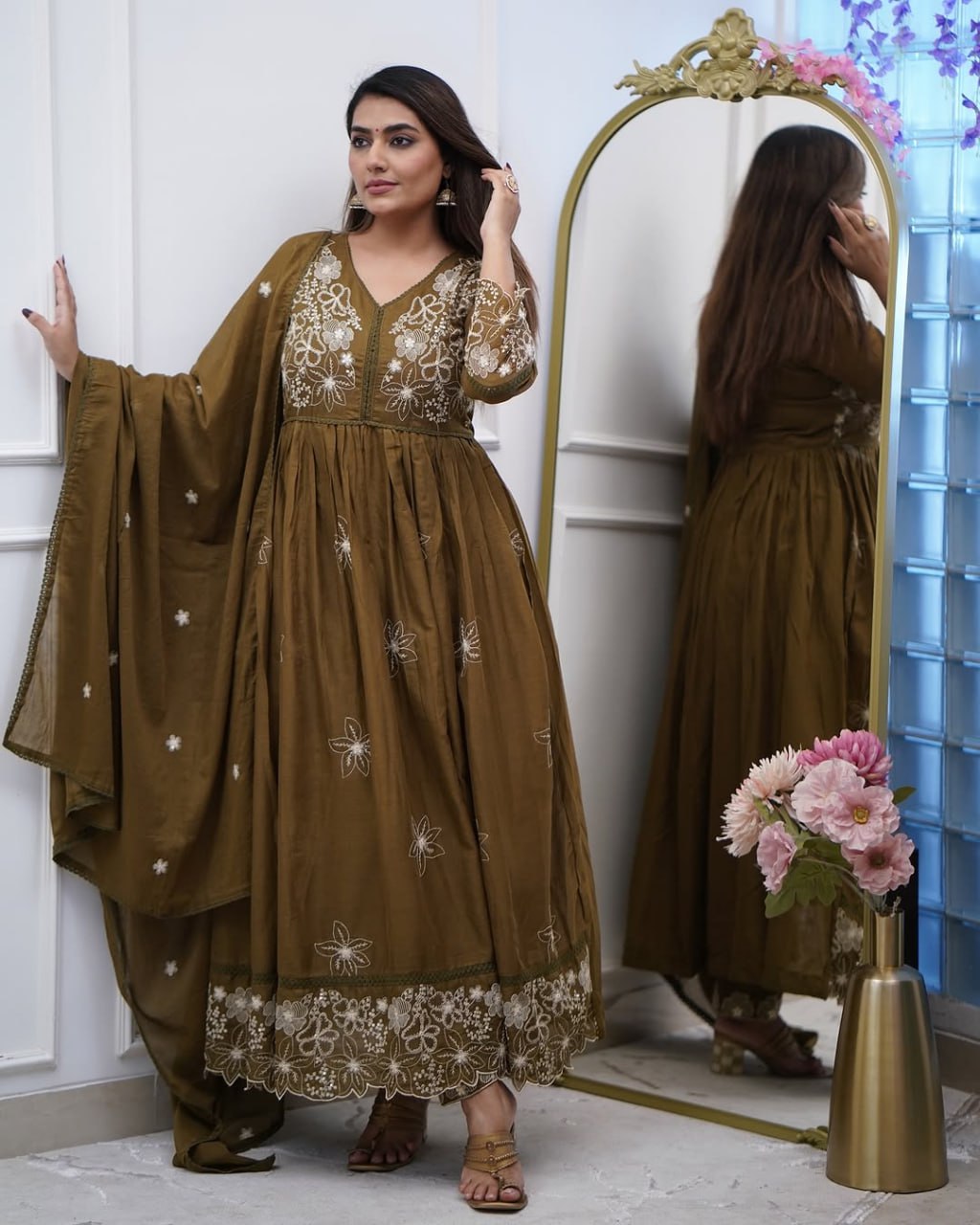 Olive Bloom Embroidered Anarkali Set