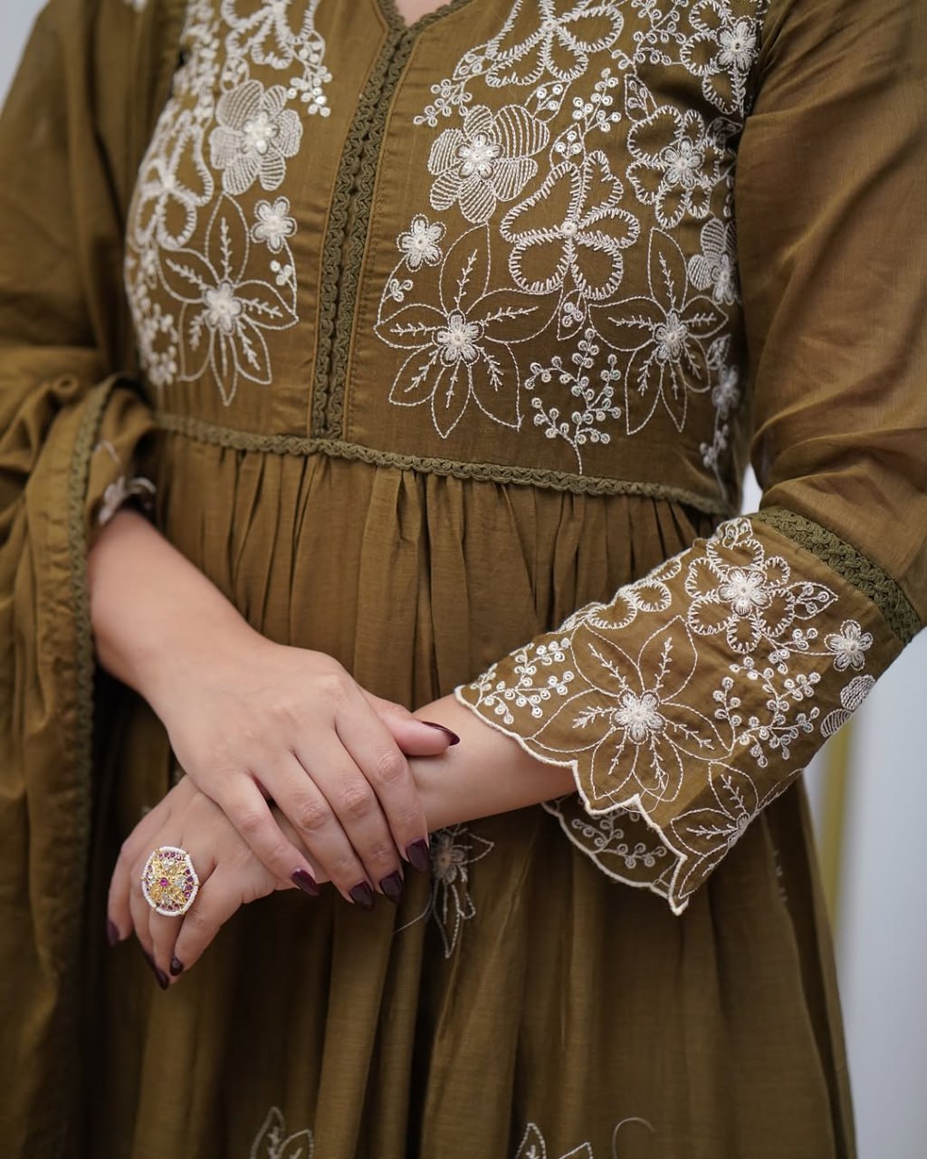 Olive Bloom Embroidered Anarkali Set