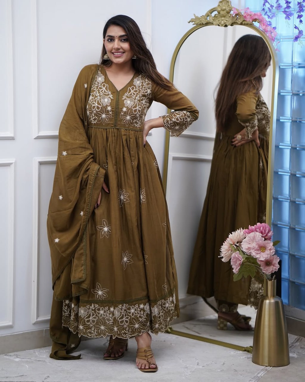 Olive Bloom Embroidered Anarkali Set